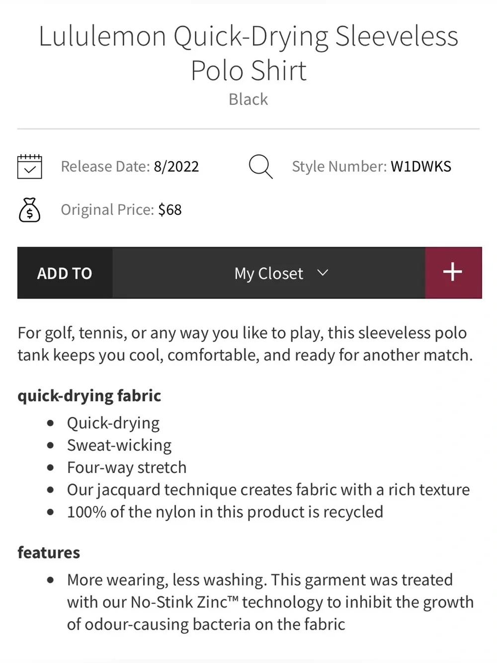 lululemon athletica Sleeveless Polo Tank - Black